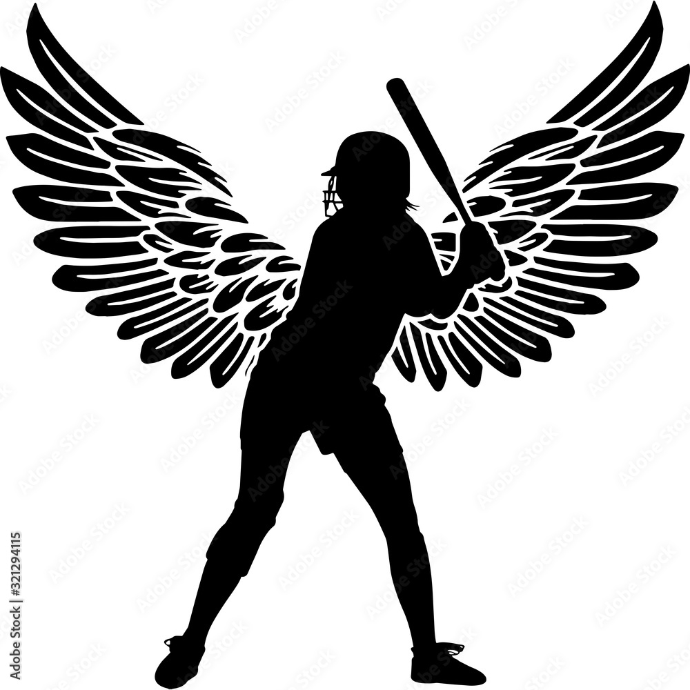 RIP Female Softball Player, Memorial with Angel Wings Silhouette
