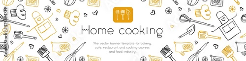 Homemade cooking banner with hand-drawn vector illustrations. Cooking courses banner. Cooking utensils vector. Vector templates of healthy food banner. Home cooking pattern.