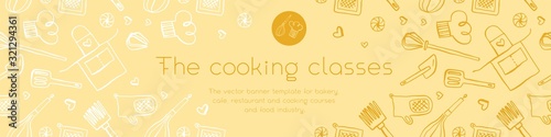 Homemade cooking banner with hand-drawn vector illustrations. Cooking courses banner. Cooking utensils vector. Vector templates of healthy food banner. Home cooking pattern.