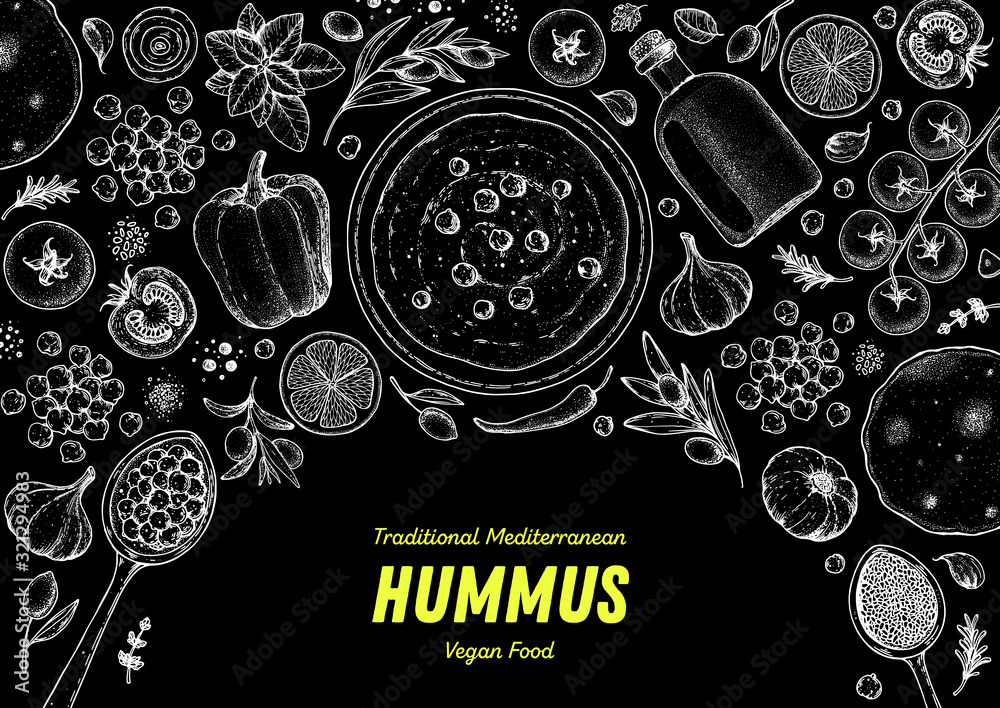Hummus cooking and ingredients for hummus, sketch illustration. Middle eastern cuisine frame. Healthy food, design elements. Hand drawn, package design. Middle eastern food.
