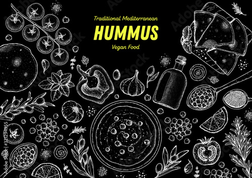 Hummus cooking and ingredients for hummus, sketch illustration. Middle eastern cuisine frame. Healthy food, design elements. Hand drawn, package design. Mediterranean food.