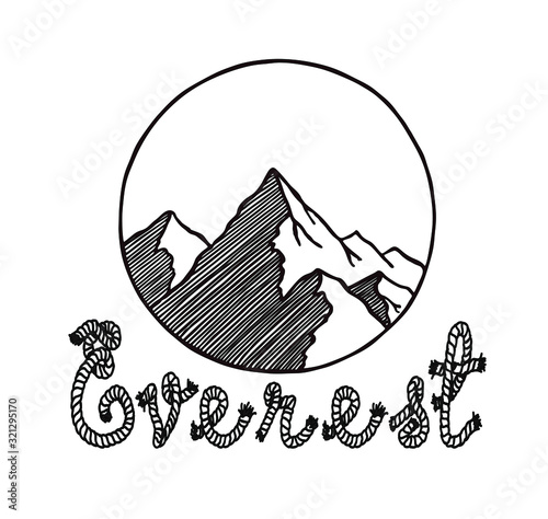 Vector hand-drawn Everest mountain logo in circle with rope lettering drawing illustration.
