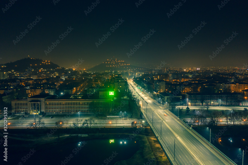 Aerial view of bridge over Maritsa river in Plovdiv during the night