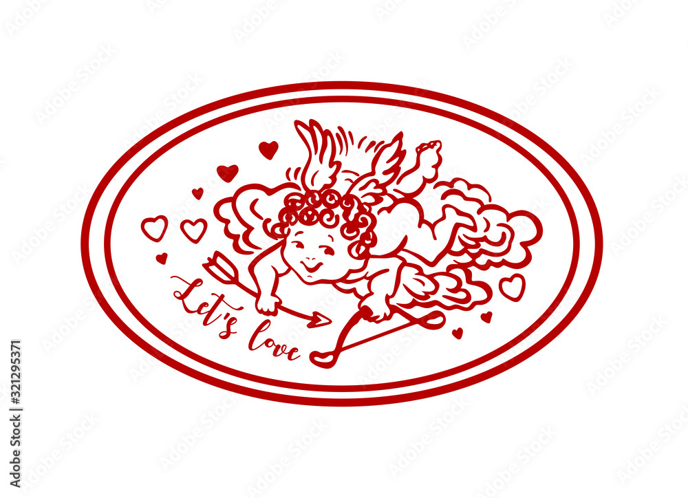 Cupid with wings,bow, arrow and hearts red vector illustration isolated on white background in oval frame.Let's love.Angel silhouette drawing in clouds.Happy Valentine's Day decoration element. Cupid with wings,bow, arrow and hearts red vector illustration isolated on white background in oval frame.Let's love.Angel silhouette drawing in clouds.Happy Valentine's Day decoration element.