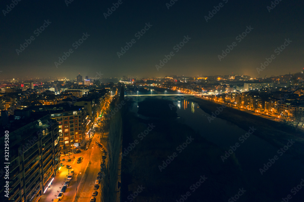 Aerial view of bridge over Maritsa river in Plovdiv during the night Aerial view of bridge over Maritsa river in Plovdiv during the night