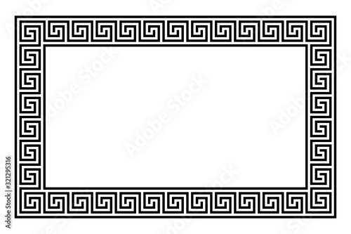 Rectangle framed disconnected meander pattern made of seamless meanders. Meandros. Decorative border of interrupted lines shaped into repeated motif. Greek fret or key. Illustration over white. Vector photo