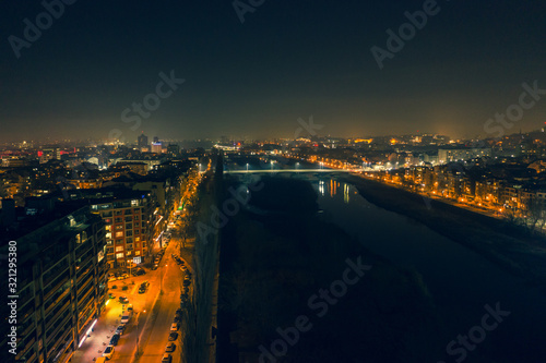 Aerial view of bridge over Maritsa river in Plovdiv during the night