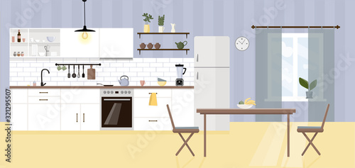Interior of a modern kitchen in a flat style, vector. White kitchen unit with various cooking utensils.