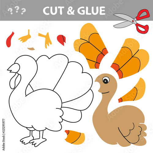 Use scissors and glue and restore the picture inside the contour. Easy educational paper game for kids. Simple kid application with Turkey