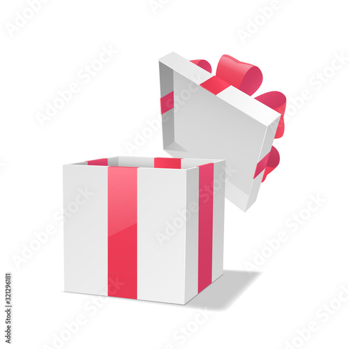 The white open gift box with red ribbons is isolated on a white background. The vector illustration for many different holidays and events.