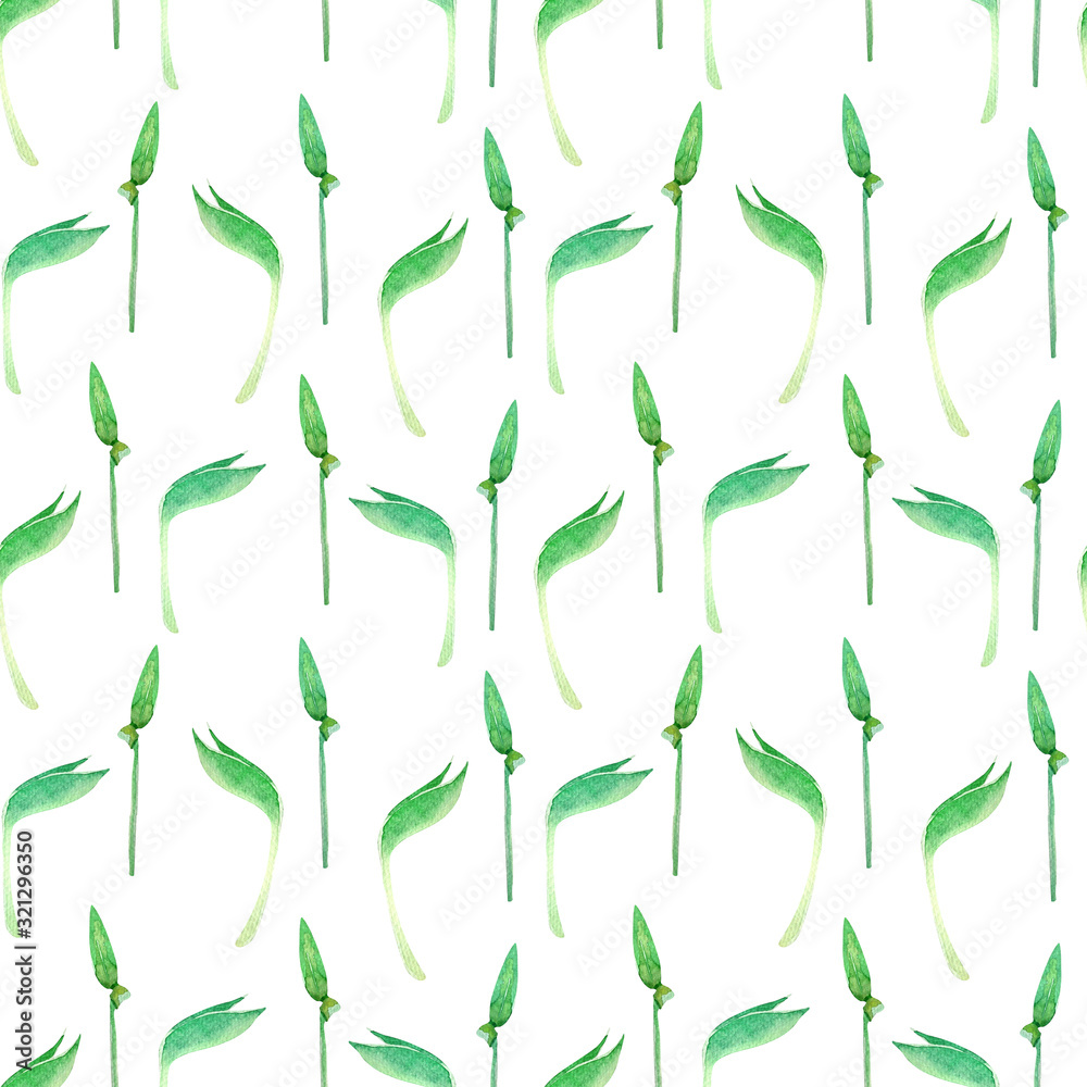 Watercolor seamless pattern with tender young grass sprouts on a white background. Minimalistic print with young grass blades. Seamless pattern for garden design and cute textile, wallpaper.