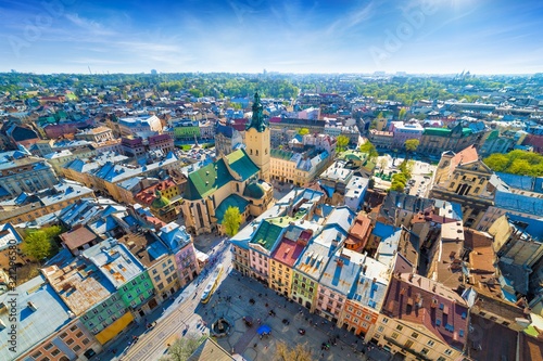 Wide angle aerial view of colourful houses in historical old district of Lviv, Ukraine