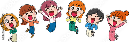 イラスト素材：女性　かわいい　私服 集合　ジャンプ