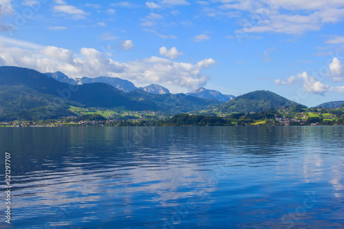 background landscape beautiful deserted lake traunsee surrounded by mountains, gmunden, austria