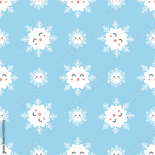 Cute winter seamless pattern with kawaii snowflakes.