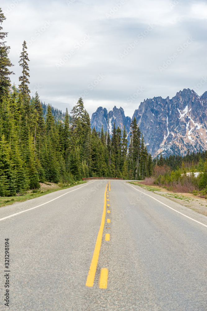 Rocky Mountains. Mountain Road in Cascades National Park, Washington, USA.