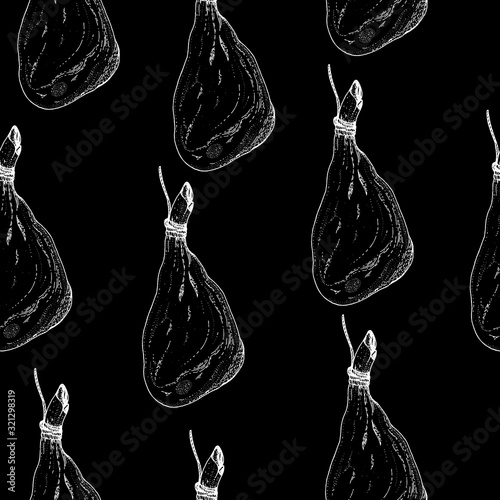 Spanish jamon hand drawn sketch. Food seamless pattern. Engraved illustration. Slices of jamon illustration.