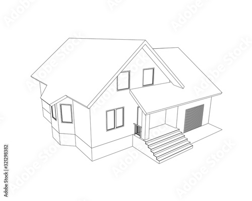 Building perspective 3D. Drawing of the suburban house. Outlines cottage on white background. House 3D model perspective vector. Cottage blueprint. EPS 10. 