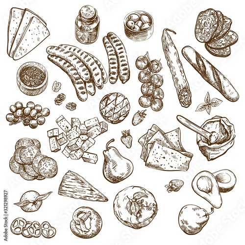 natural products. set of vector sketches on a white