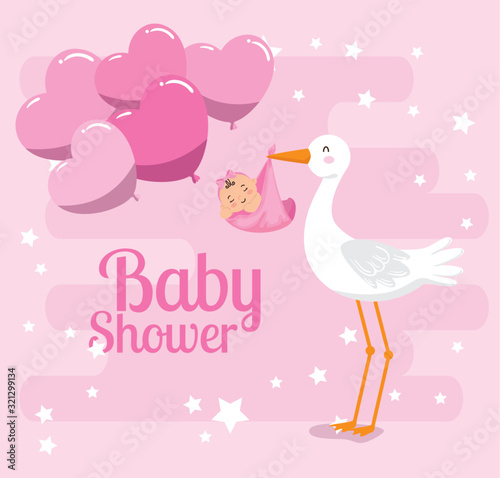 baby shower card with cute stork and decoration vector illustration design
