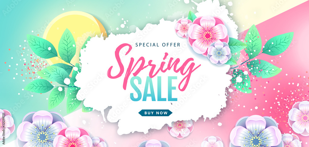 Spring big sale poster with full blossom flowers. Spring flowers background Spring big sale poster with full blossom flowers. Spring flowers background