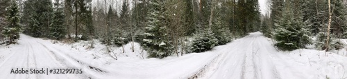 Panoramic view with forest and road. Beautiful winter landscape