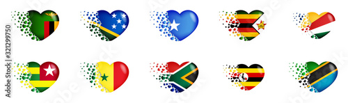 Set of 10 national flags of Africa country in heart illustration. The national flags fly out small hearts on white background