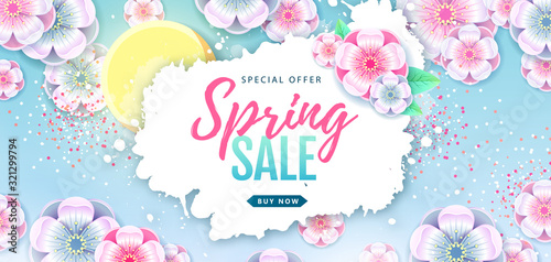 Spring big sale poster with full blossom flowers. Spring flowers background