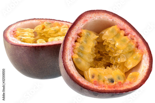 Cut passion fruit close up isolated