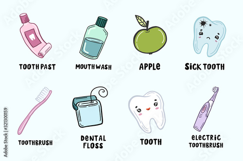 Set of dental illustrations. Vector drawings in cartoon style. Doodle style artwork.