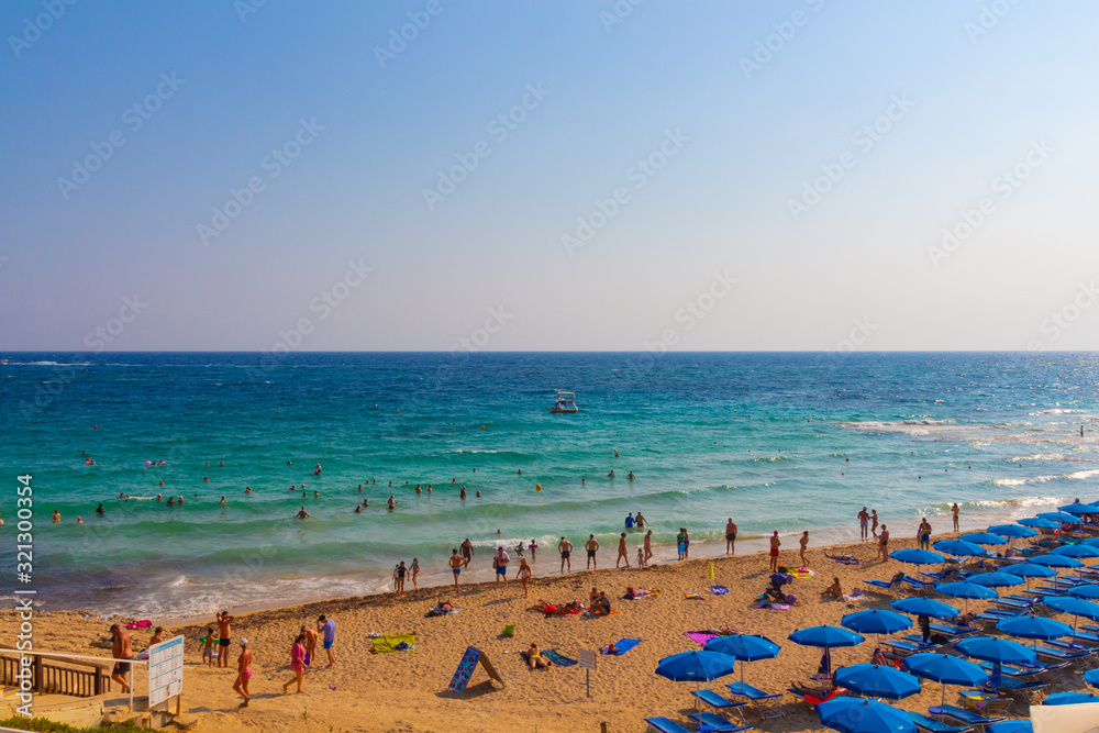 Ayia Napa, Cyprus - September 06, 2019:  The cyprian beach during summer