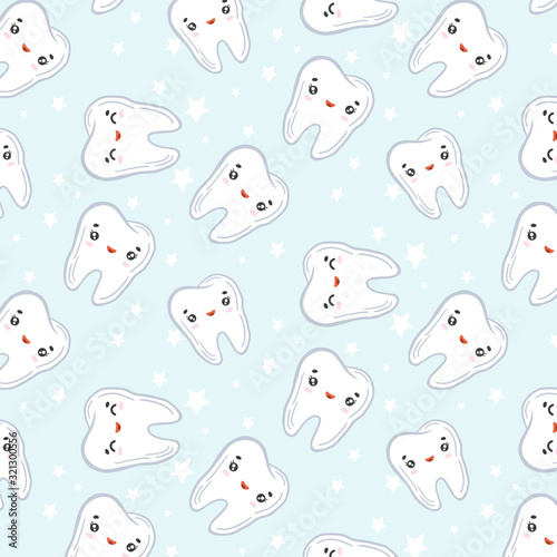 Children's background with teeth. Vector ornament with teeth characters. Kawaii characters. Cartoon drawing style.