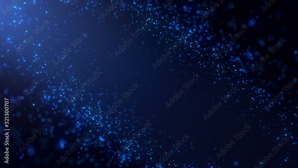 Fototapeta premium Blue particles abstract background with flare shining floor particle stars dust.Beautiful futuristic glittering in space on black background. 