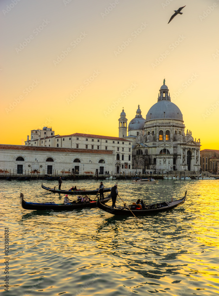 Sunset on Grand Canal and Basilica of Santa Maria della Salute, Venice, Italy	