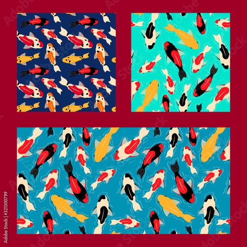 set of three seamless pattern with koi carps of different colors