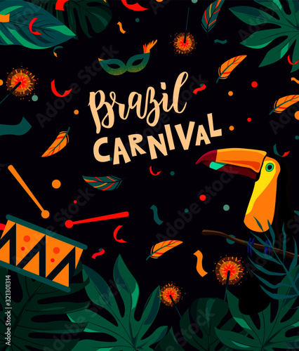 Brazilian carnival posters with colorful party elements. Carnival hand lettering text as banner, card, logo, icon, invitation template.