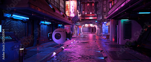 Bright neon night in a cyberpunk city. Photorealistic 3d illustration of the futuristic city. Empty street with blue neon lights.