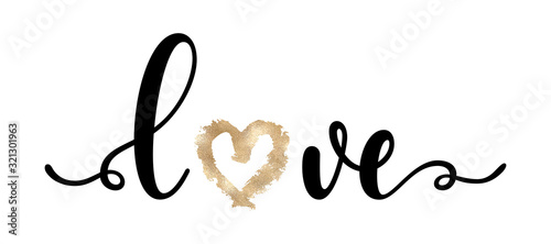 Love - black handwritten word with hand-drawn golden heart shape isolated on white background. Modern vector element for your design. Decorative inscription.
