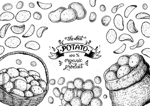 Potato chips vector illustration. Basket and bag of potatoes. Hand drawn. Engraved style illustration. Packaging design.