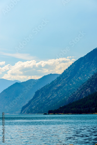 Mountain landscape with blue Seton Lake in Coastal Mountains. Lillooet, British Columbia, Canada. © karamysh