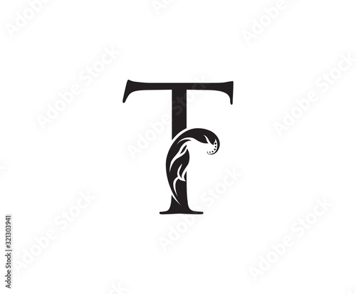 Classic T Letter Swirl Logo. Black T With Classy Leaves Shape design perfect for Boutique, Jewelry, Beauty Salon, Cosmetics, Spa, Hotel and Restaurant Logo. 