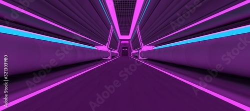 Naklejka Futuristic neon corridor with blue and violet lights. 3D illustration. Wallpaper in a cyberpunk style. Retro futuristic scene in a style of 80's.