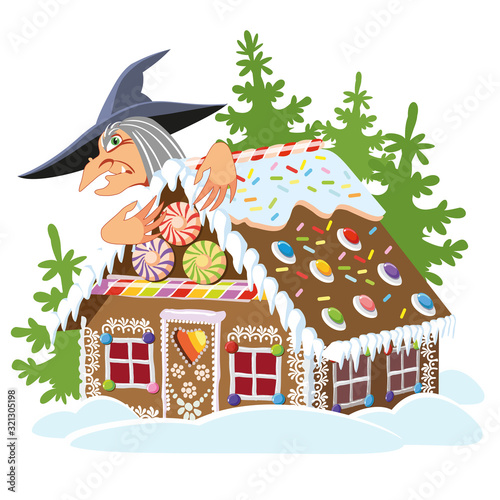 Funny gingerbread house made of sweets and cookies. Illustration for a fairy tale. Witch. Trap. Temptation.