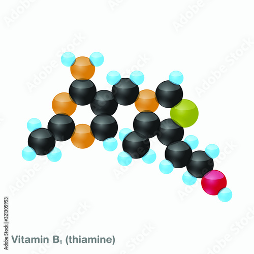 The molecule of vitamin B1 (thiamine). Vector illustration in 3d style, isolated on white background.