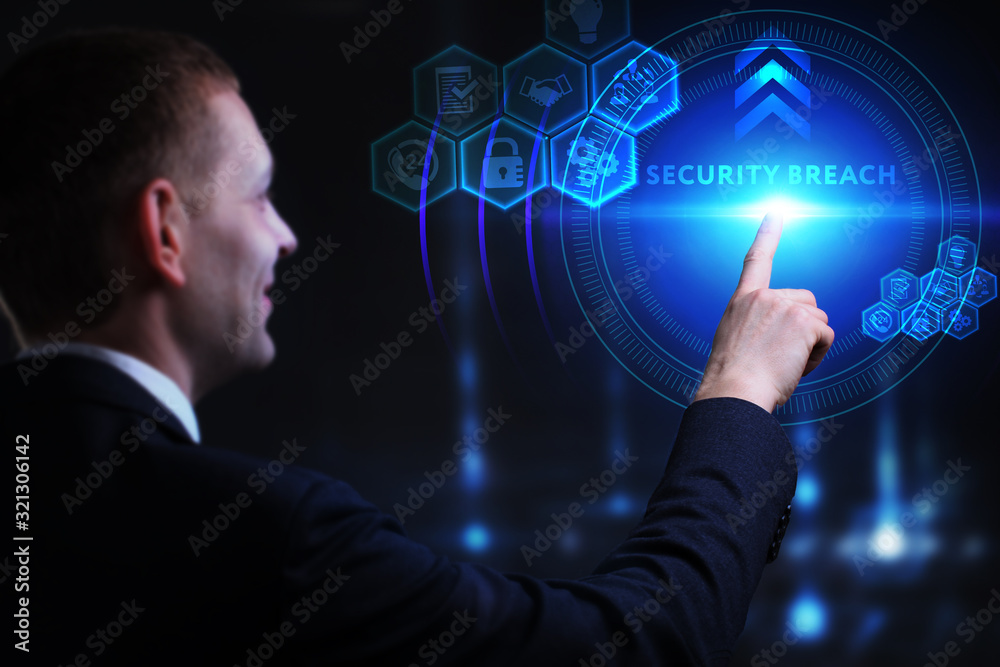 Business, Technology, Internet and network concept. Young businessman working on a virtual screen of the future and sees the inscription: Security breach Business, Technology, Internet and network concept. Young businessman working on a virtual screen of the future and sees the inscription: Security breach