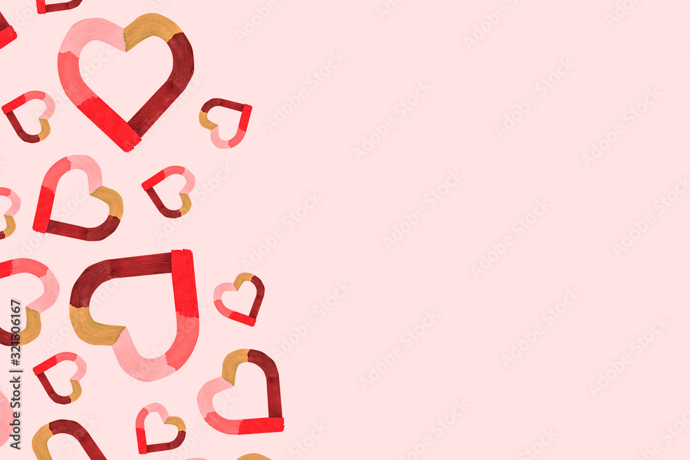 Valentines day card with hearts and copy space for text. Holidays pink background, greeting card. Love concept