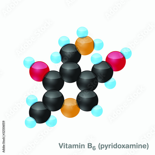 The molecule of vitamin B6 (pyridoxamine). Vector illustration in 3d style, isolated on white background.