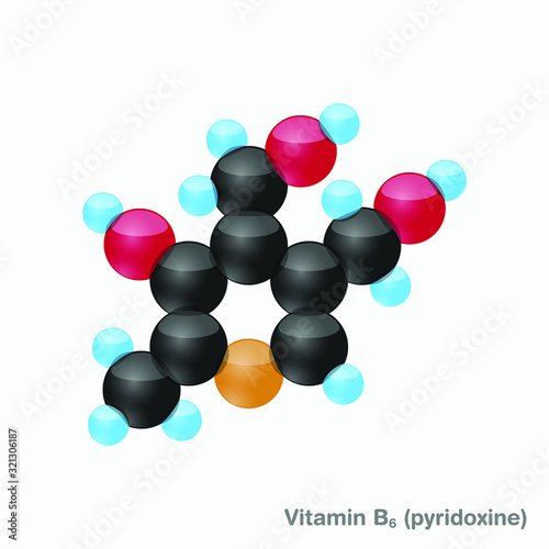 The molecule of vitamin B6 (pyridoxine). Vector illustration in 3d style, isolated on white background.