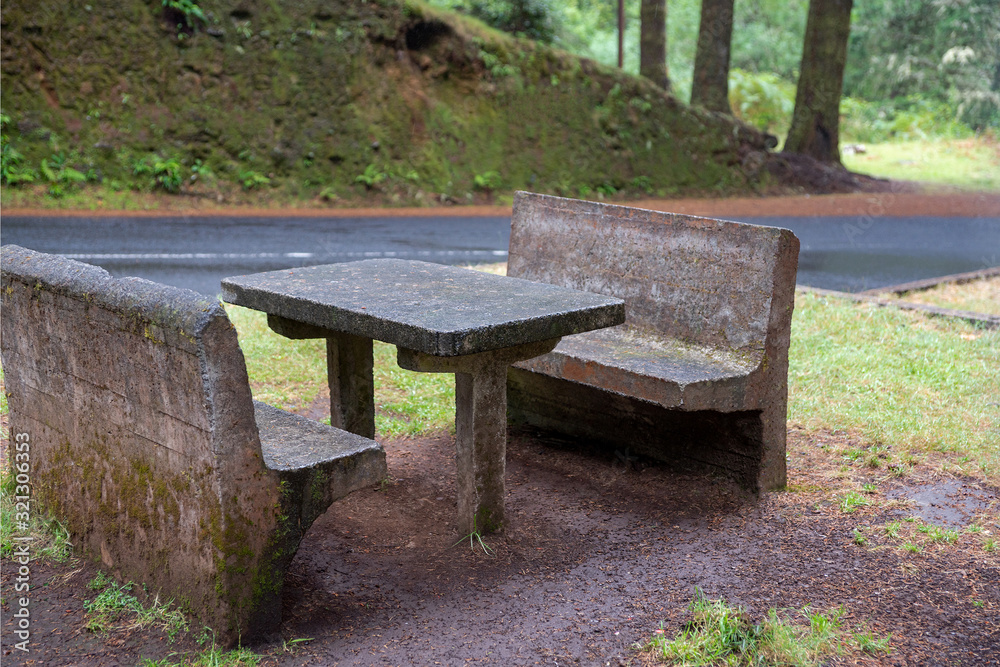 Recreation area on the highway in the forest. A table and benches made of stone are shown in close-up. Concept: in harmony with nature.
