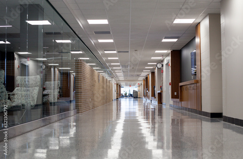 Interior view of college walkway. Perspective of hallway